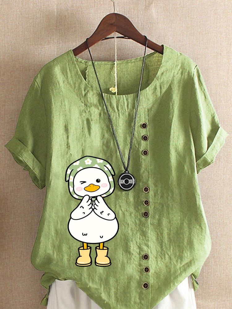 Women's Fashion Cartoon Duck Print Shot Sleeve T-shirt Loose Cotton Shirt Casual Loose Summer Blouse Tops Plus Size