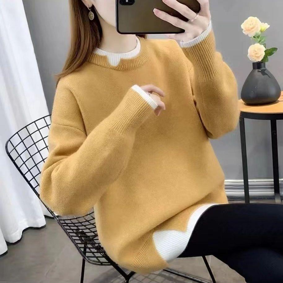Свитер большого размера из толстой вязки на осень/зиму - Свободный крой, корейский стиль, Двухцветный дизайн, Повседневная вязаная одежда для женщин