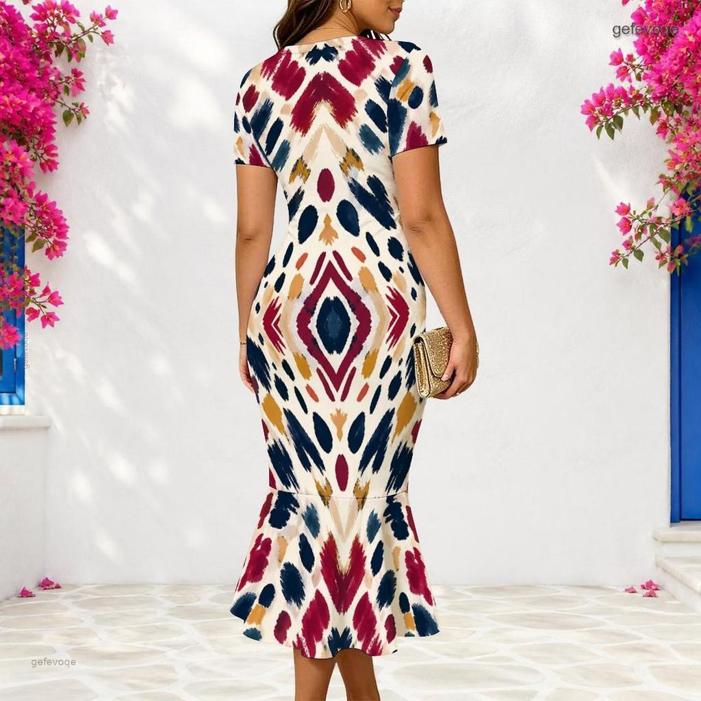 Women Plus Size V Neck Short Sleeve Printed Fitted Fishtail Dress With Pockets