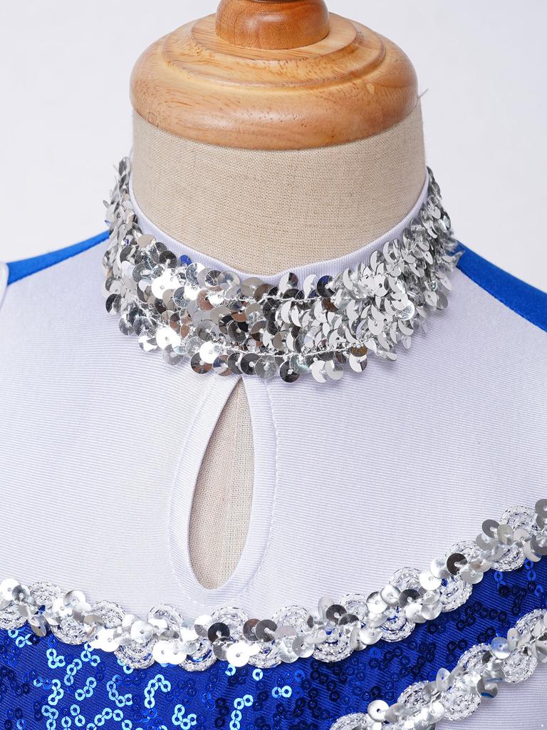 Girls Cheerleading Dress Sleeveless Round Collar Shiny Sequins Patchwork Design with Hidden Back Zipper Dance Costume