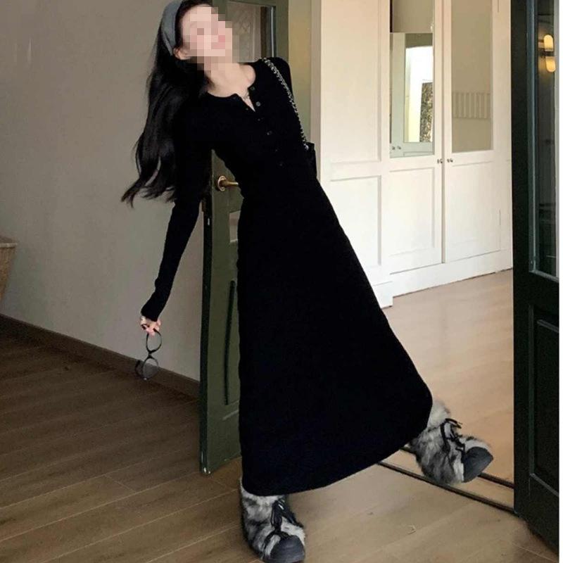 Черное платье с длинным рукавом для женщин, осенне-зимняя основа, юбка-карандаш, облегающая бедра, платье, подчеркивающее талию и утонченный темперамент