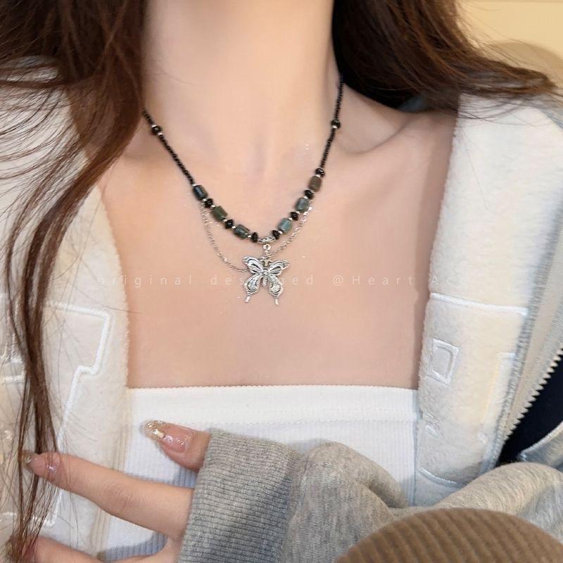 New Chinese Vintage Beaded Butterfly Necklace For Women Ins Hip Hop Trendy Hot Girl Ethnic Style Versatile Collarbone Chain Jewelry Accessory