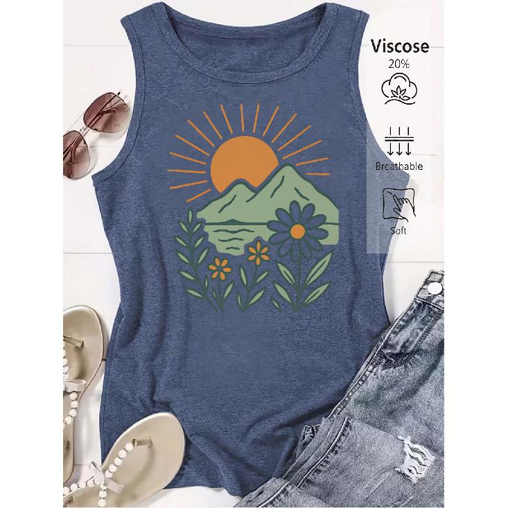 Elegant Vest for Women Landscape and floral sun print casual loose summer vest Fashionable and elegant tops for commuting, vacation, and everyday