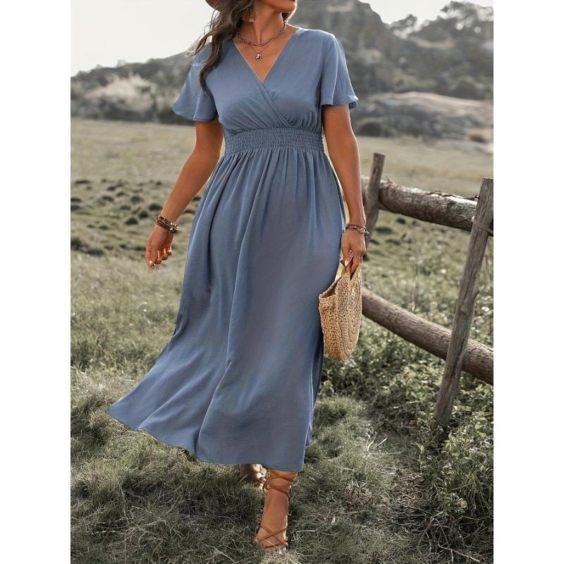 YYFS Women's Fashion Summer Spring Solid Color Print Short Sleeve V-Neck High Waist Casual Dresses