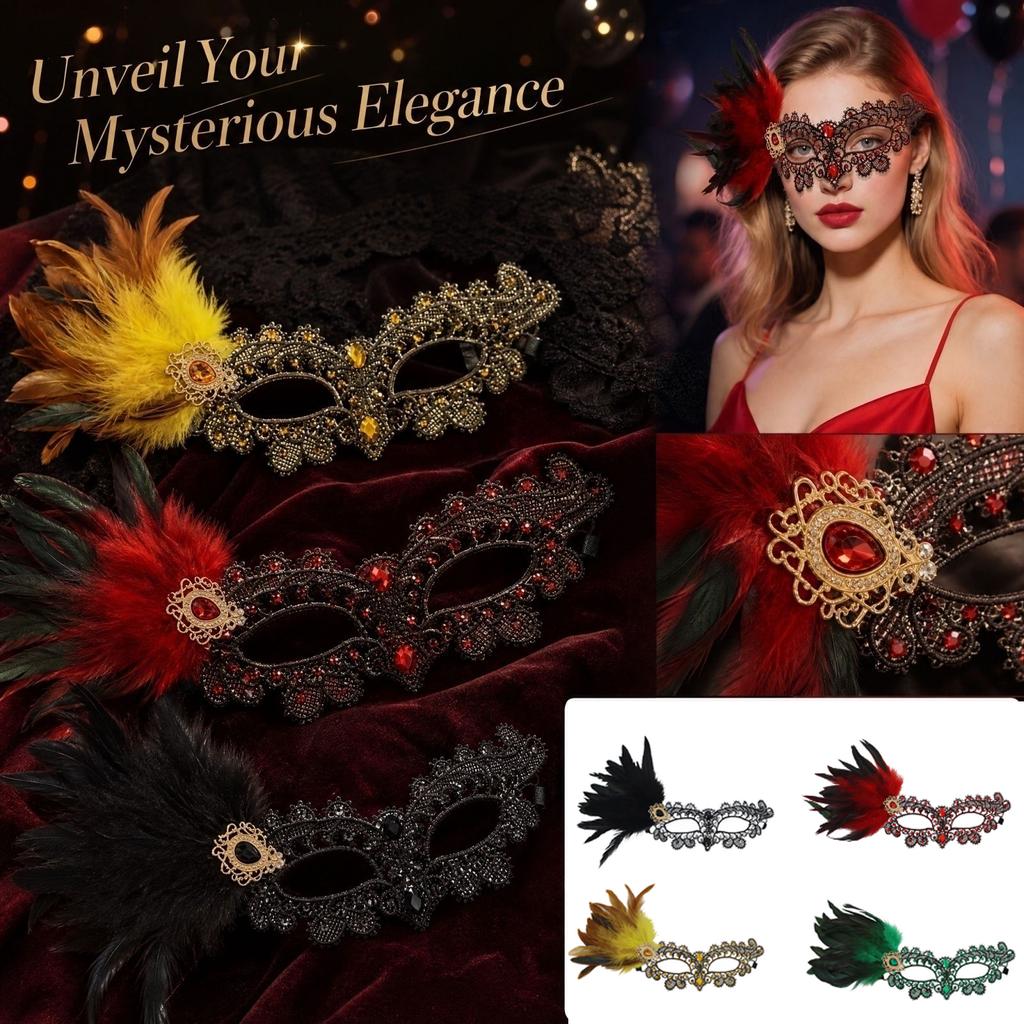 Lace with Feather Trim and Gold Foil Design for Halloween Masquerade Ball Party Prop