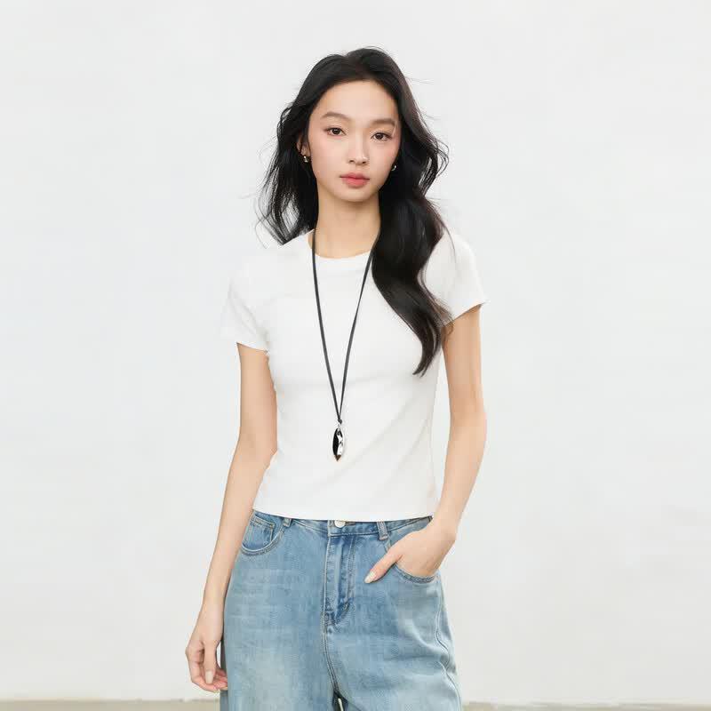 Elva' Island Summer Regular Shoulder Short Sleeve T-shirt