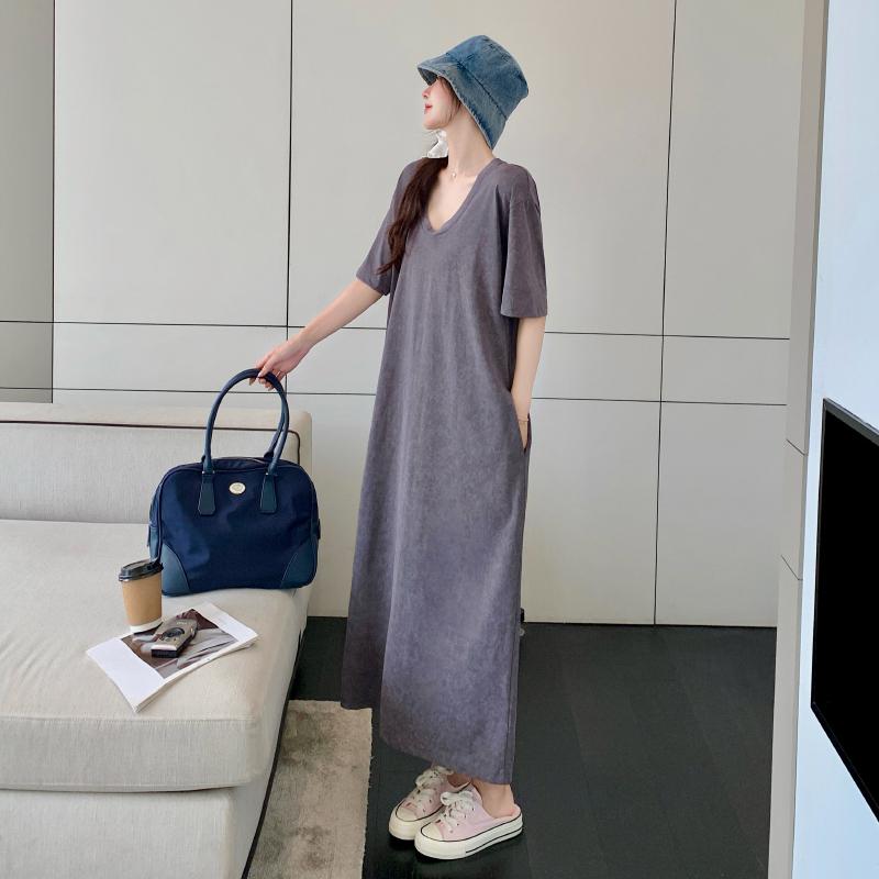 DIMANAF 2025 Летнее платье больших размеров для женщин Свободное Винтажное с коротким рукавом Повседневное Базовое Оверсайз Однотонное Длинное платье