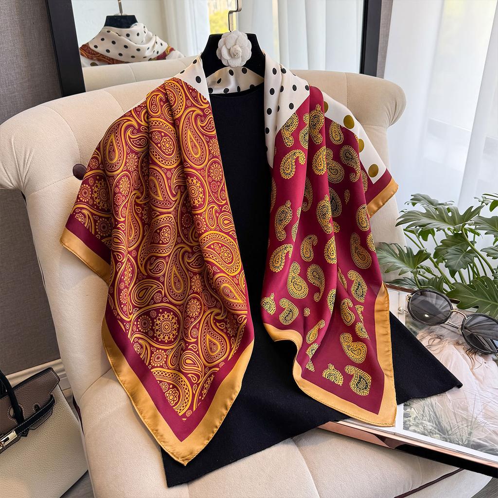 90 Silk Scarf Square Scarf High Sense, Korean Fashion Versatile Professional Simulation Silk Small Scarf Retro Printed Silk Scarf Women