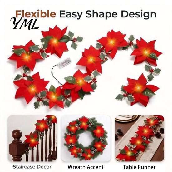 Seasonal Decorative Flower Garland Christmas Poinsettia with Light, 78/118 Inch Lighted Artificial Indoor Outdoor Holiday Floral Decoration