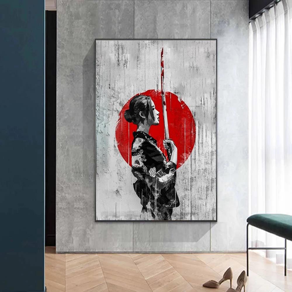 Японский меч самурай воин искусство гейша женщина плакаты и принты настенная живопись на холсте печать для гостиной домашний декор без рамки