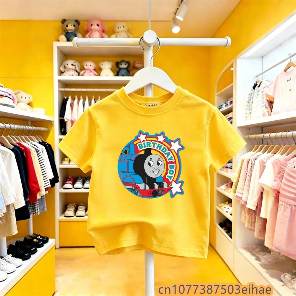 Pure Cotton Summer Tee Thomas Train Cartoon Design Children Short Sleeve Y2K Cute Fun Wear for Little Boys Girls All Day Use