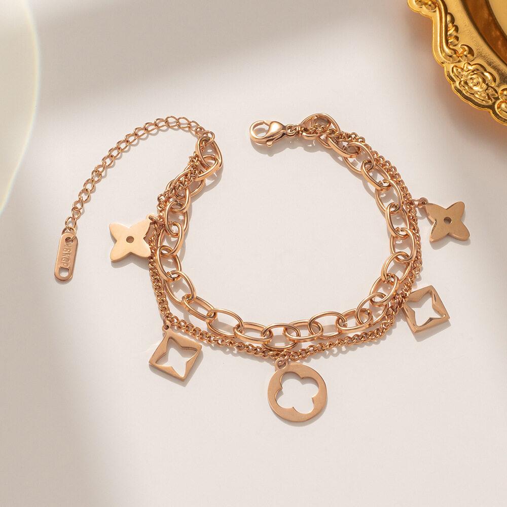 Темпераментный двусторонний браслет из нержавеющей стали, черный/цвет ракушки, четырехлистный клевер, элегантный браслет из розового золота