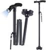 Folding Trekking Cane Hiking Poles LED Light Walking Stick T-handle Telescopic Aluminum EVA 4-Joint Rubber Tip Elderly People