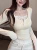 French Elegant Pure Style Lace Stitching T-shirt Women Sweet Long Sleeved Autumn New Slim Clothes Fashion Design Fake Two Piece Tops