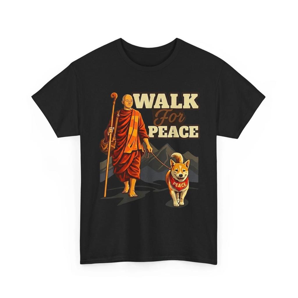 Walk for Peace Buddhist Monk and Shiba Inu Dog Illustration T-Shirt