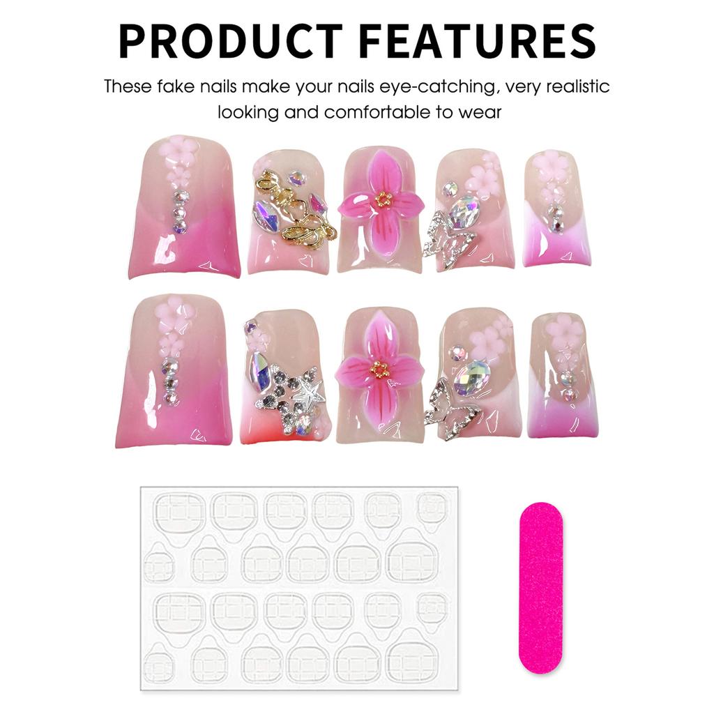 10Pcs Handmade Duckbill False Nails with 602 Crystal Clear Blush Sculpted Flower Design for Women