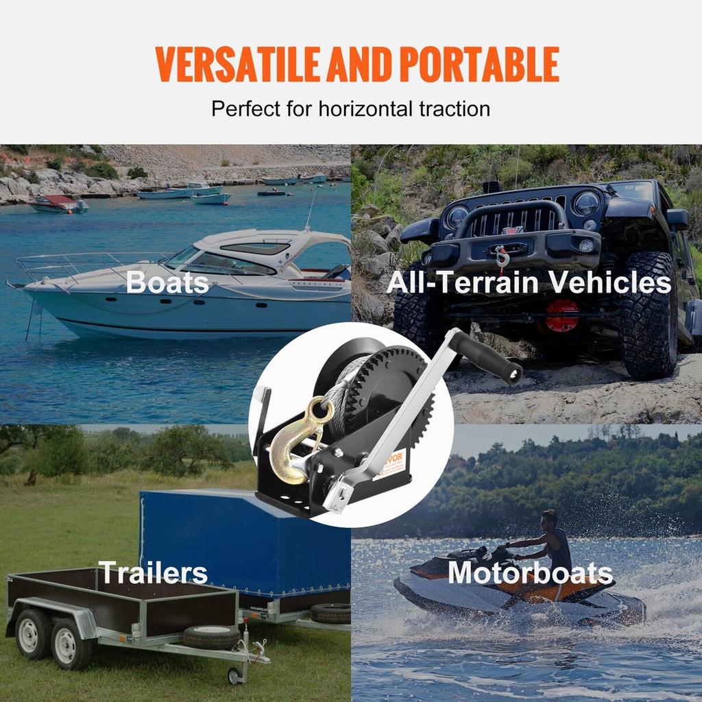 Hand Winch, 3500 lbs Pulling Capacity, Boat Trailer Winch Heavy Duty Rope Crank with 33 ft Steel Wire Cable and Two-Way Ratchet, Manual Operated Hand