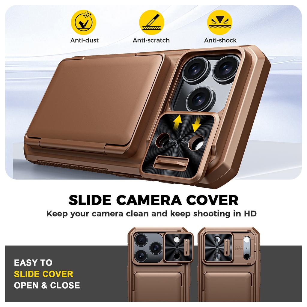 Shockproof Protective Wallet Case with Card Holder, Kickstand and Sliding Camera Cover for iPhone 17 Pro-Gold