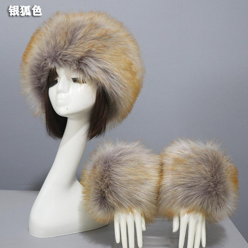 Cuff hat two-piece set, men's and women's imitation fur, fluffy flat top hat, warm cuffs, winter ear protection hat, simple and fashionable