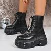 Fashion Chunky Platform Punk Ankle Boots Women Thick Bottom Metal Rivet Combat Booties Woman Autumn Winter Black PU Leather Botas Mujer