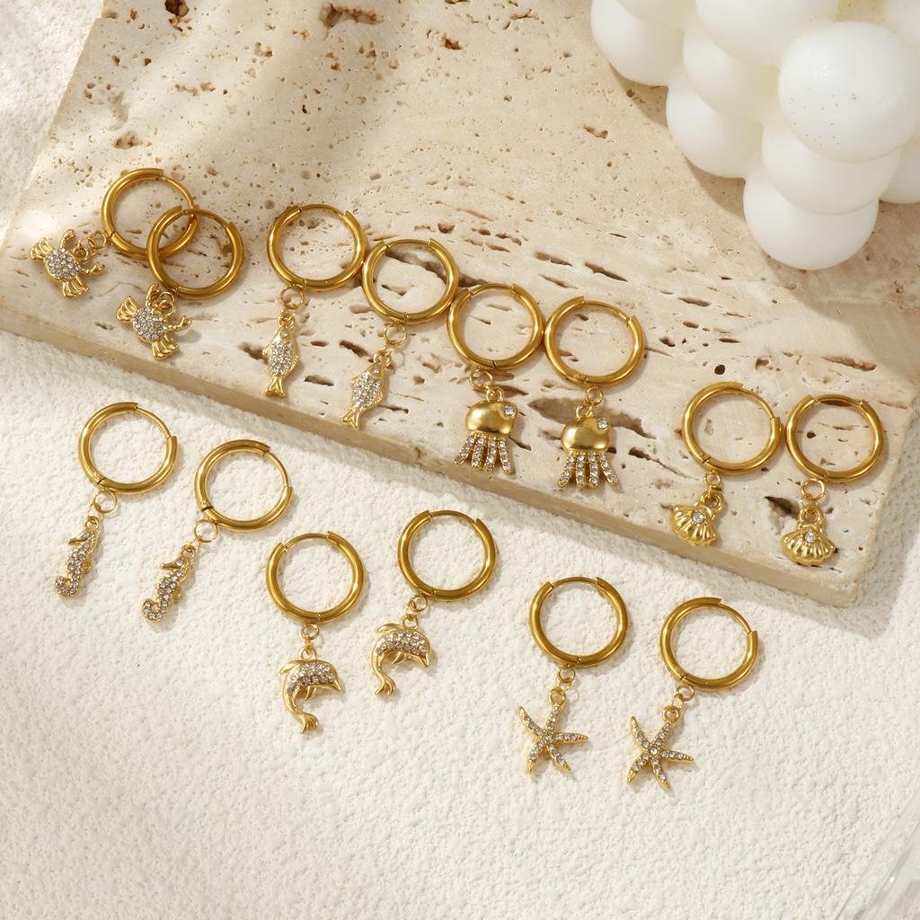 1 Pair Ocean Earrings Gold Plated 304 Stainless Steel & Cubic Zirconia Hoop Earrings For Women Jewelry Gift,Post/ Wire Size: 1mm