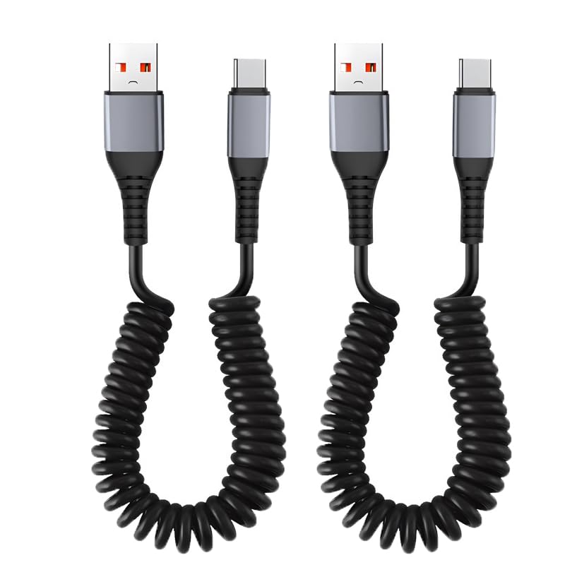 2 Pieces USB - C Coil Cable 3A/15W Fast Charging 1~4 Feet CarPlay, Android Auto, Coiled USB A C Cable, I Phone 15/15 Pro/15 Plus/15 Pro Max, Galaxy