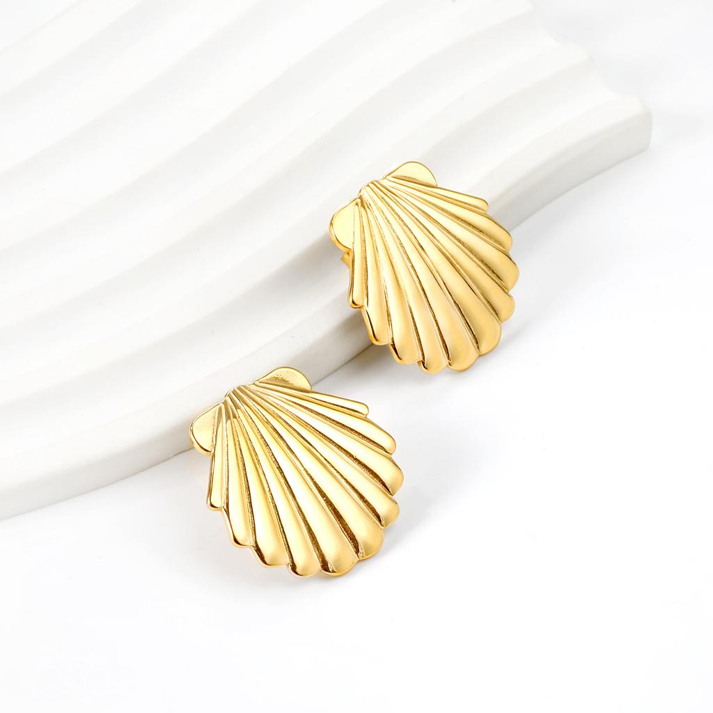 LUXUKISSKIDS Textured Shell Shape Earrings Necklace Bracelets Summer Stylish Stainless Steel Woman Jewelry Set 18K Gold Plated