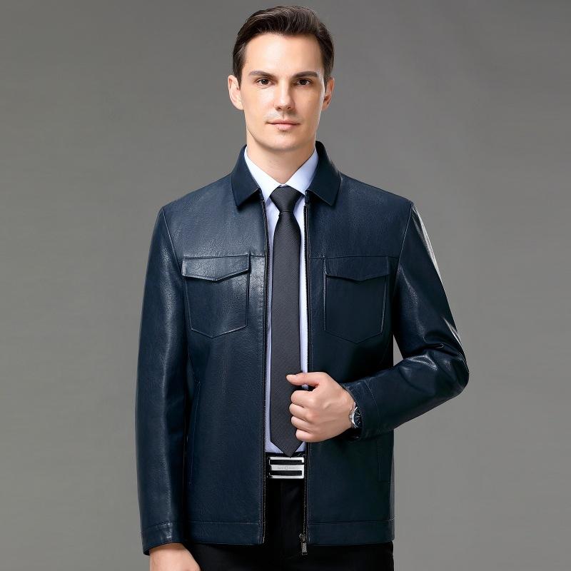 Genuine Leather Jacket for Men, Short Stand Collar, Thickened Autumn and Winter Middle-aged and Elderly Men's Casual Sheep Leather Wallet