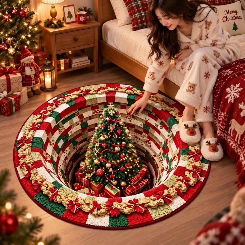 Polyester Christmas Round Rug 2D Flat Optical Delusion Doormat Vortex Floor Mat Xmas Party