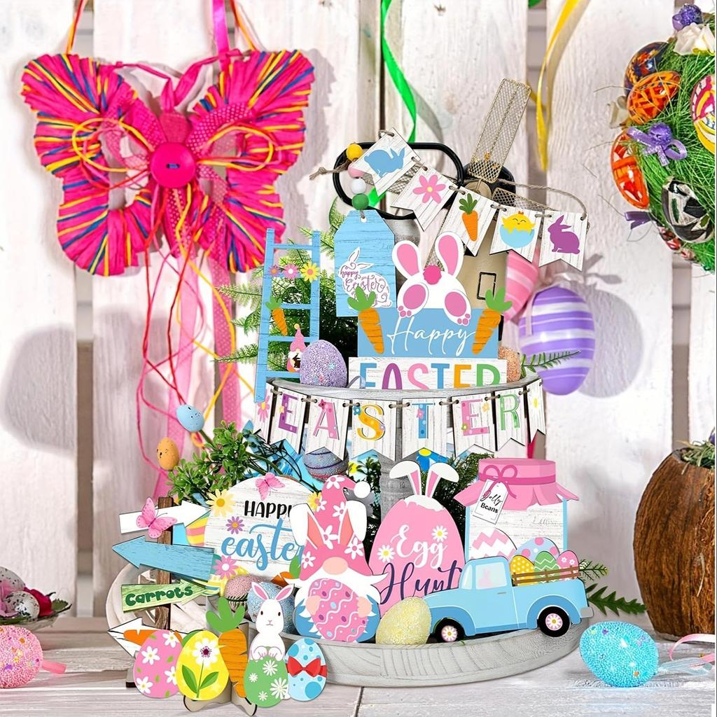 Пасхальный многоярусный поднос, декоративные деревянные поделки, морковный кролик, настольный кухонный орнамент