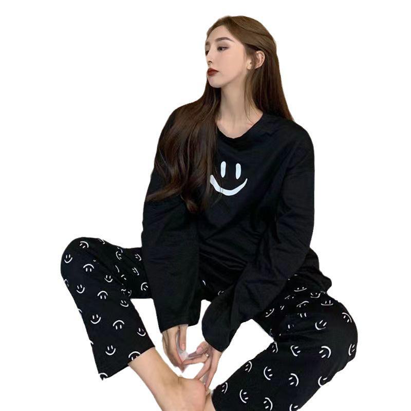 Женский корейский пижамный комплект с изображением смайликов – свитер с длинными рукавами и брюки на осень/зиму