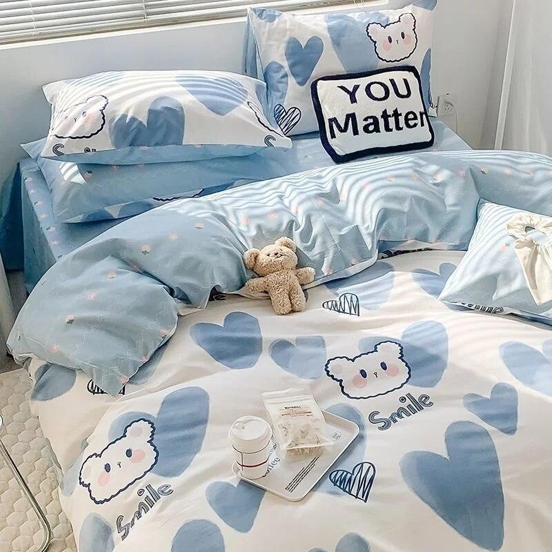 Корейский стиль, простая красота, стиль принцессы, пододеяльник с медвежонком, комплект постельного белья из четырех предметов, двуспальная кровать для девочек, плоская простыня