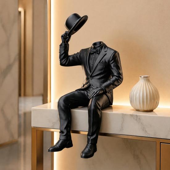 Artistic Bookshelf Accents 3D Printed Sitting Gentleman Ornament, Minimalist Abstract Faceless Figurine, Luxury Interior Design Pieces Aesthetic