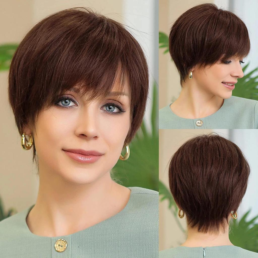 HAIRCUBE Парики спереди на шнуровке Ombre Коричневые человеческие волосы Remy Пепельно-коричневые волосы со стрижкой пикси с челкой Короткий прямой парик для женщин Боб Человеческий парик