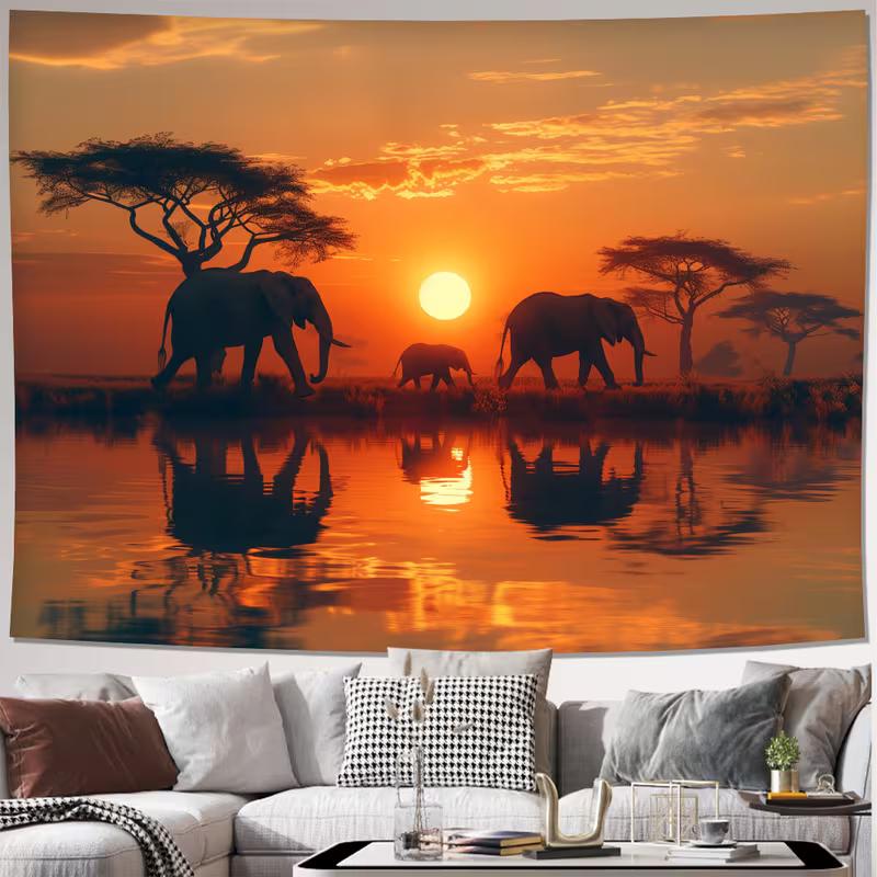 2D Serengeti Sunset Elephant Tapestry, Nature Animal Scenery Wall Hanging for Home Decor