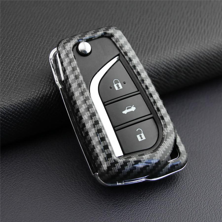 Carbon Fiber Flip Key Case Hard Shell Cover Accessories For Toyota Camry C-HR