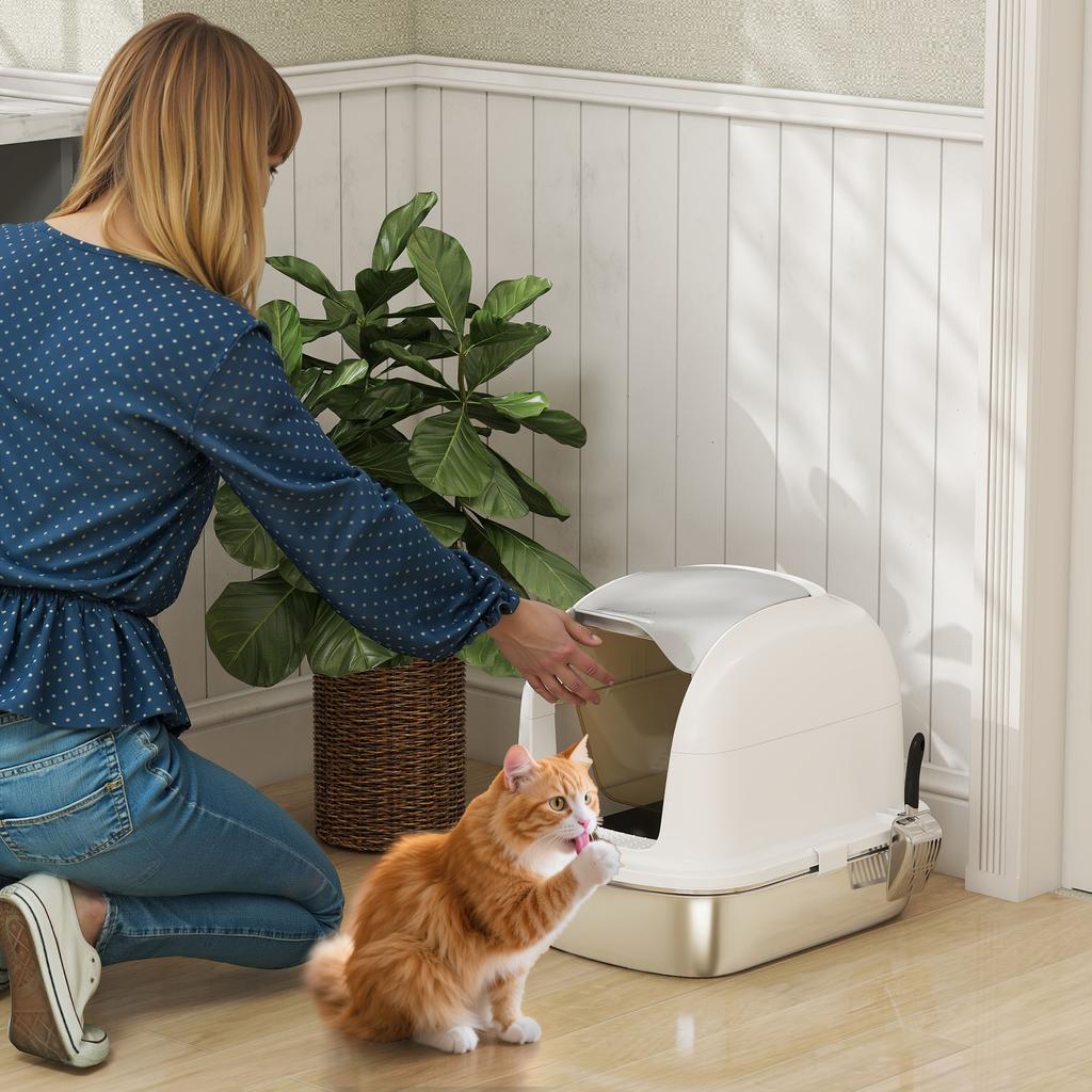 Stainless Steel Cat Litter Box XL With Hinged Lid High Sides Top Entry Shovel White