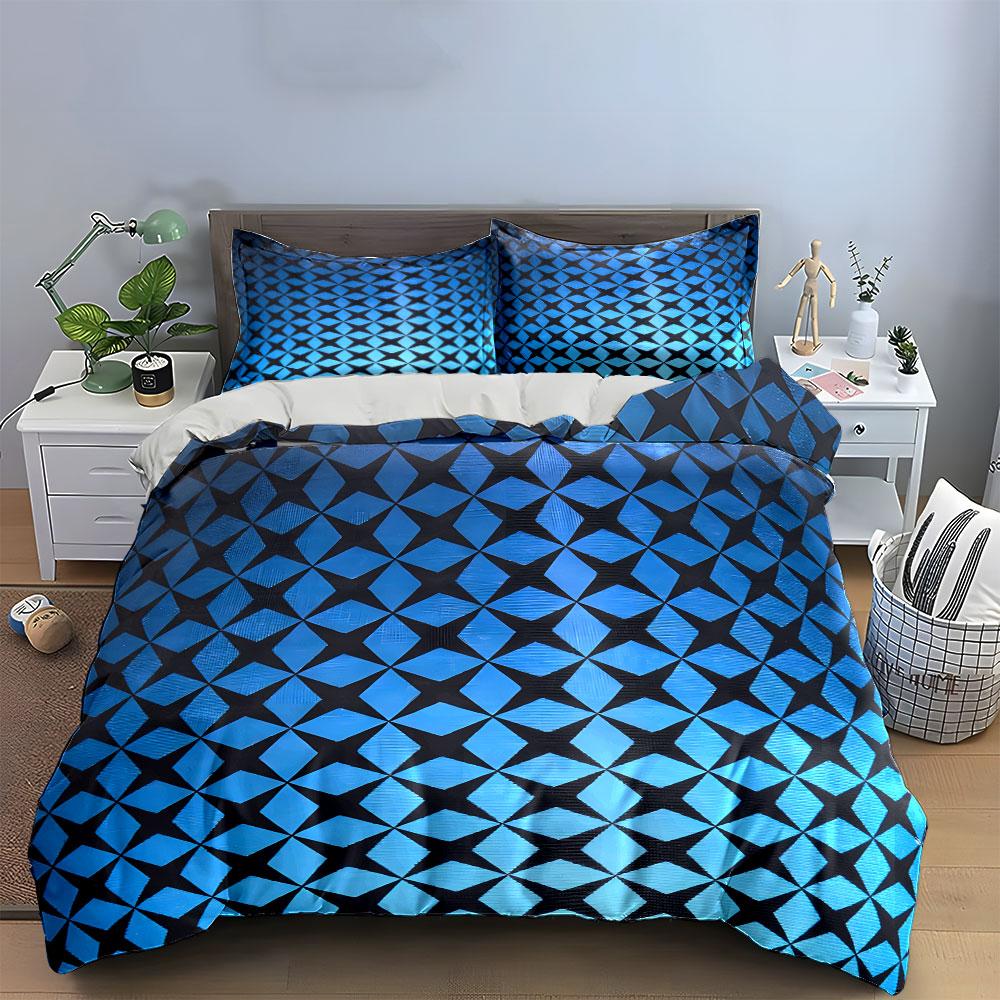 3Pcs Blue and Black Geometric Star Bedding Set, Seamless Pattern Print Duvet Cover + 2 Pillowcases, Modern Decor