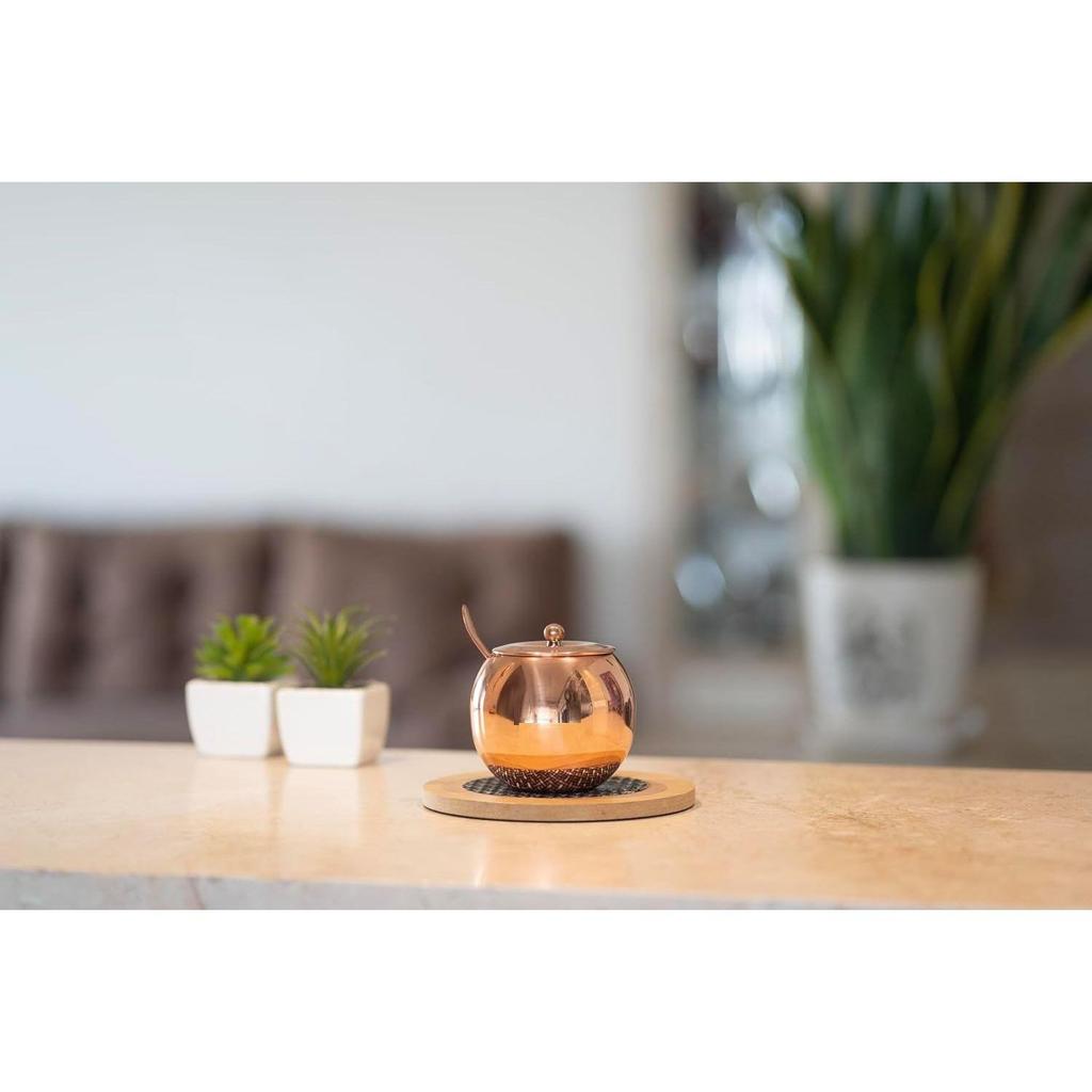 Пот для гхи из нержавеющей стали с медным покрытием и ложкой | Контейнер для масла и гхи 275 мл для кухни | Устойчивая к ржавчине банка-диспенсер для гхи