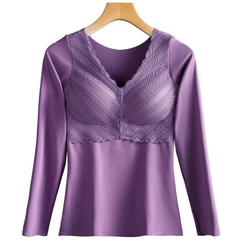 Женское термобелье из немецкого бархата: Плотный кружевной топ с V-образным вырезом и нагрудными накладками, длинные рукава, бесшовный, теплый.