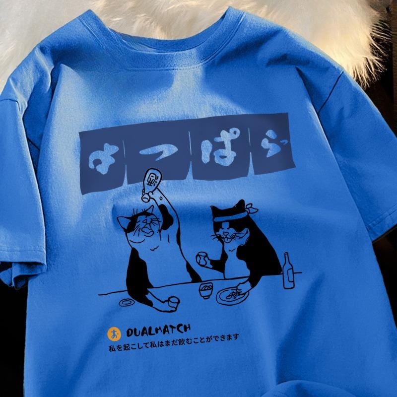 Харадзюку Японский Кот Пьющий Топы Мужская Мода Футболка с Круглым Вырезом Уличная Летняя Оверсайз Одежда Хлопковые Футболки