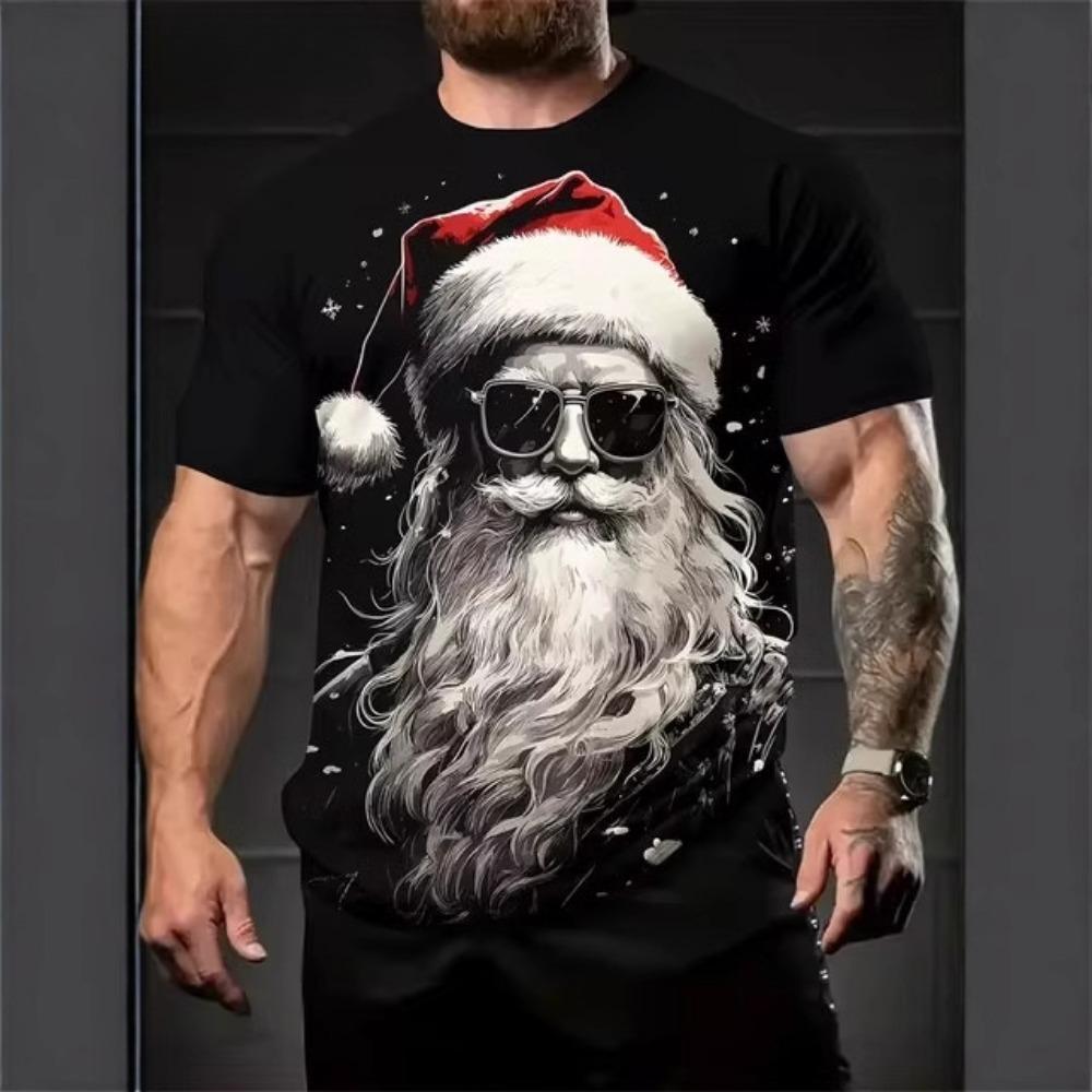 Santa Claus Pattern 3D Digital Print Men's Casual and Fashionable Round Neck Short Sleeved T-shirt