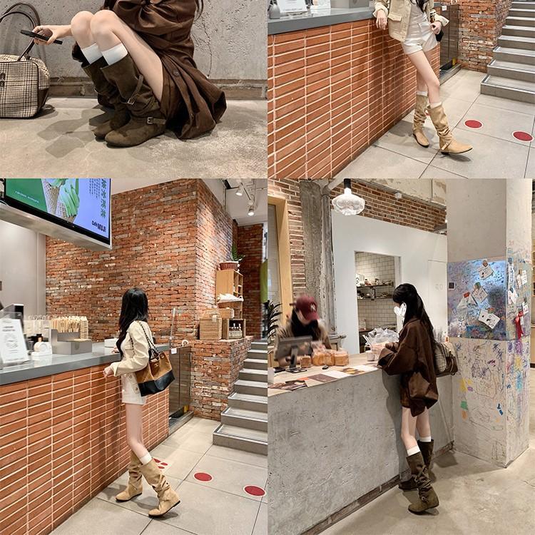 Новые ботфорты с внутренней высотой 5 см, корейский модный дизайн с пряжками, ботильоны на среднем каблуке, тонкие сапоги