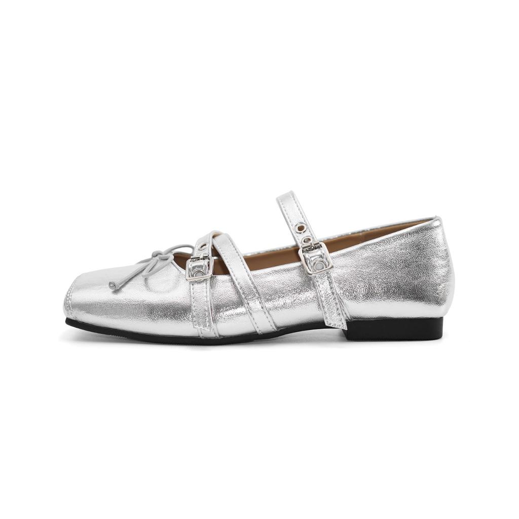 8929-9 Silver single shoes women's bow Mary Jane women's shoes cross-buckle strap flat ballet shoes
