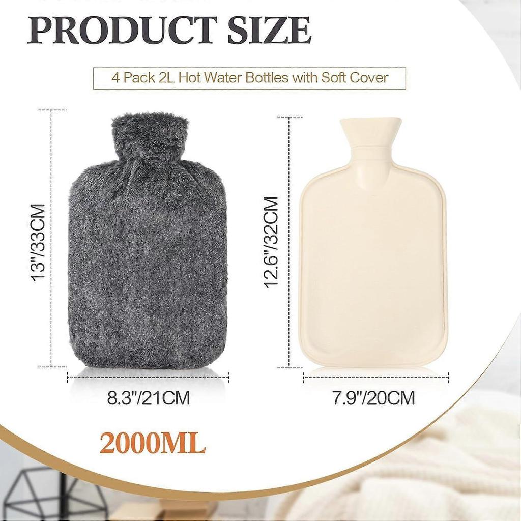 4 Pack Hot Water Bottle with Soft Cover for Pain Relief Hot Water Bag for Bed Women Men Body Pain Relief Hand Feet Warmer Winter Gift(2L) 2L