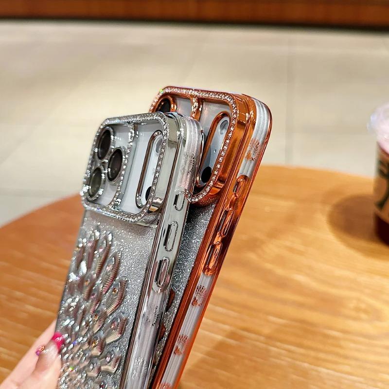 Peacock Plated Frame Glitter Stickers Rhinestone Lens Ring Case for iPhone 17 Pro Max Air 17 Pro 16 Pro 15 14 13 Protect Cover