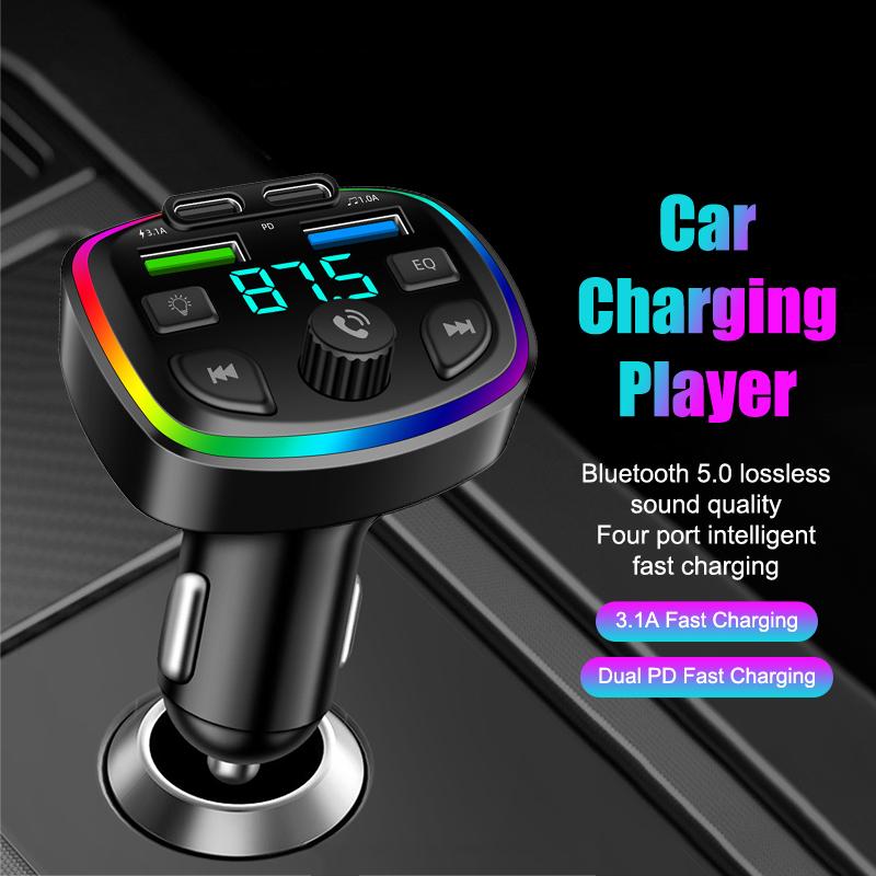 Двойное автомобильное зарядное устройство USB Type-C FM-передатчик Беспроводной MP3-плеер Музыка Карта TF USB-накопитель Aux-плеер USB-C PD Быстрая зарядка Громкая связь