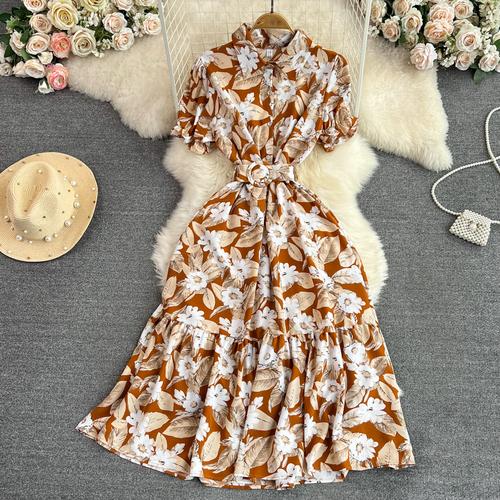 Vintage Robes Puff Short Sleeve Lapel Neck Vestido Wrapped Waist Slim Medium Length A-Line Print Dress