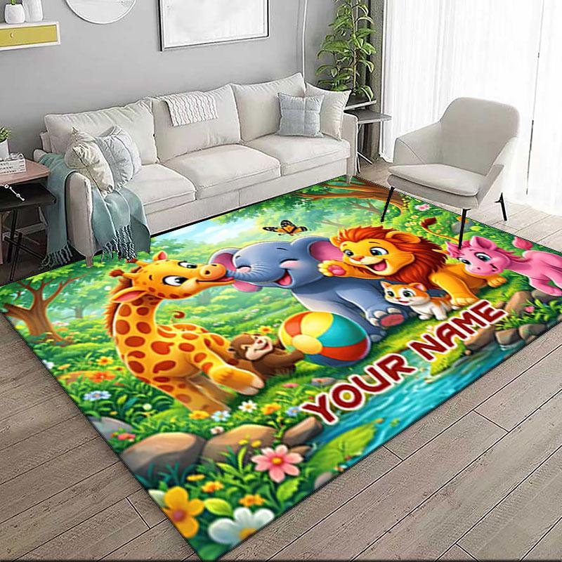 1PC Custom Name Jungle Friends Adventure Theme Floor Mat Ideal for Living Room, Game Rooms, Office, Bedroom,Floor Mat Playful Design