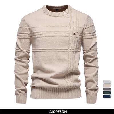 AIOPESON мужской свитер с круглым вырезом, трикотажный хлопковый полосатый качественный теплый свитер для мужчин на осень-зиму